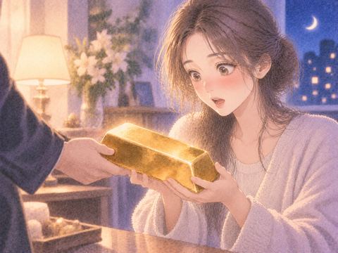 両手で重そうな金塊を受け取る女性