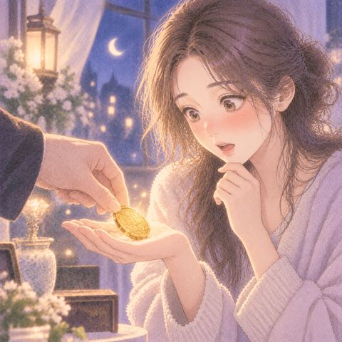 手のひらに置かれた輝く金貨を見つめる女性