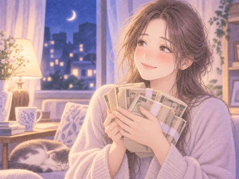 札束を受け取り穏やかに微笑む女性