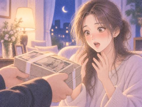 突然差し出された札束に目を見開く女性