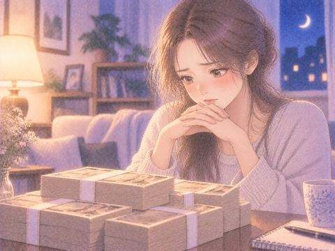 受け取った札束を前に不安そうに考える女性