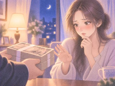 差し出された札束へ手を伸ばせずためらう女性
