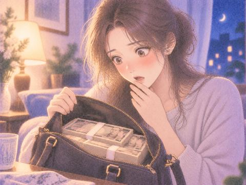 バッグの中の札束を見つめる女性