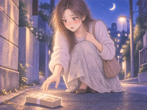 夜道で落ちている札束へ手を伸ばす女性