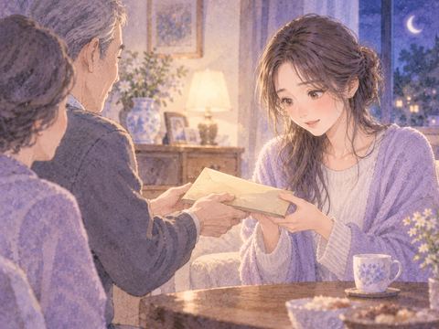 親から厚い封筒を受け取る大人の女性