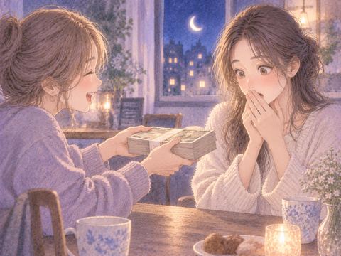 友達から札束を差し出され驚く女性