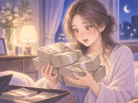 両手いっぱいの札束を受け取る女性
