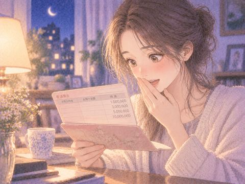 大きな残高が記された通帳を見つめる女性の手元