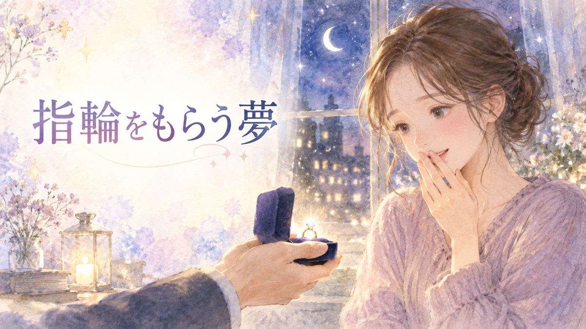 夜の窓辺で光る指輪を見つめる大人の女性