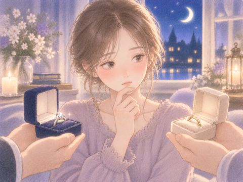 二つの異なる指輪を前に迷う女性の手