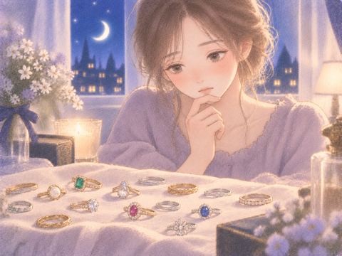 たくさんの指輪を前に見つめる女性
