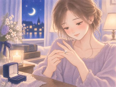 もらった指輪を自分の指にはめる女性