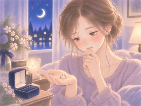 指輪を手に持ったまま考え込む女性