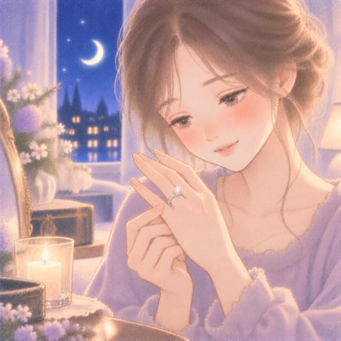 薬指にはめた指輪を見つめる女性の手