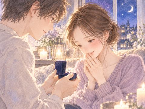 恋人から指輪を受け取る女性