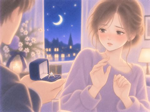差し出された指輪に困った表情をする女性