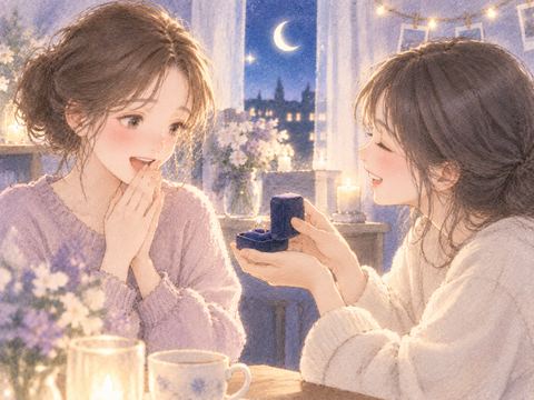 友人から指輪を受け取る女性