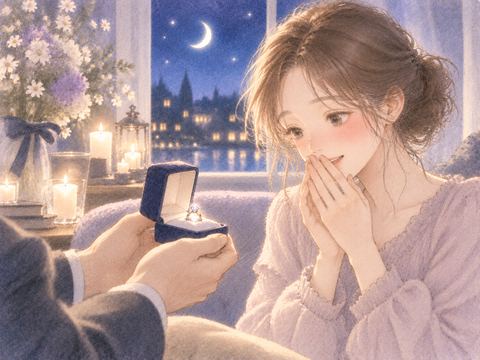 婚約指輪を差し出されて見つめる女性