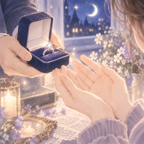 淡く輝くダイヤの指輪を受け取る手