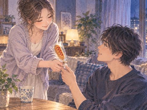 妻から包装済みの軽食を受け取る成人男性