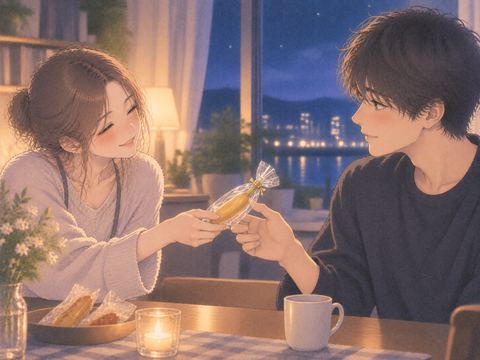 差し出された軽食を自然に受け取る成人男性
