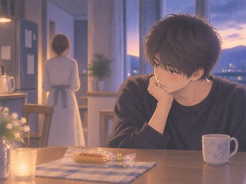 渡される前に場面が途切れた軽食を見る成人男性