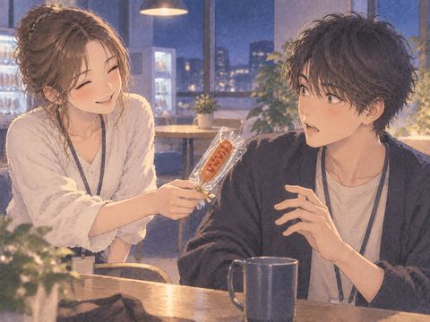 知人女性から軽食を差し出され驚く成人男性