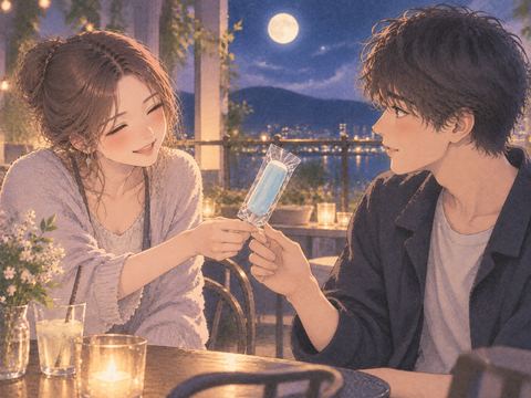 女性から軽食を受け取り微笑む成人男性