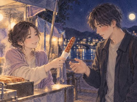 丸ごとのフランクフルトを勧められ照れながら手を伸ばす成人男性