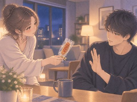勧められた軽食を穏やかに断る成人男性