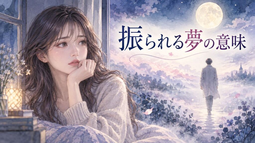 夜の窓辺で考え込む大人の女性と、離れていく人物の夢のイメージ