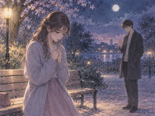 夜の公園で告白の返事を待つ女性と断る相手
