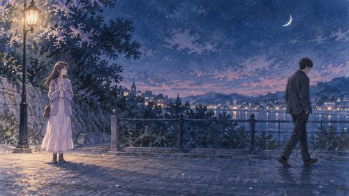 夜の歩道で突然別れを告げられ立ち尽くす女性