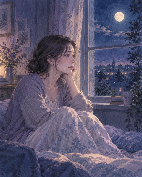 夜の部屋で別れを思い出して静かに涙を流す女性