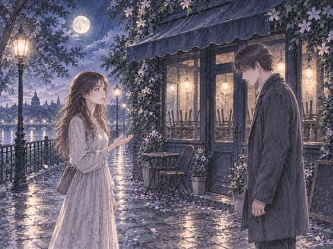 夜のカフェ前で彼女に別れを告げられた人物