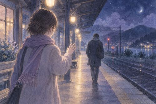 夜の駅で去る恋人を見つめる人物