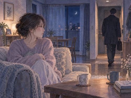 夜の自宅で夫の後ろ姿を見つめる女性