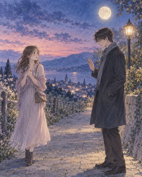 夕暮れから夜に変わる道で好きな人に断られる女性