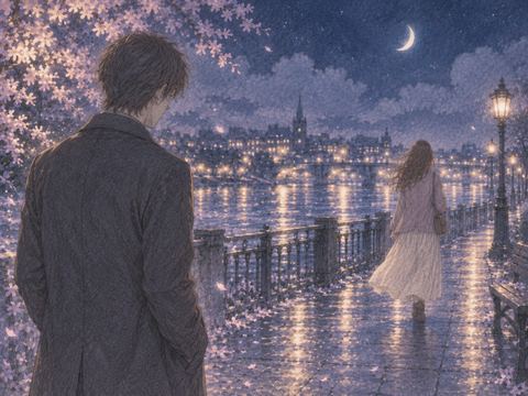 夜の川沿いで元カノに背を向けられる人物