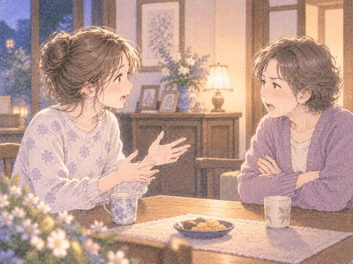 親戚と向き合って言い合う女性