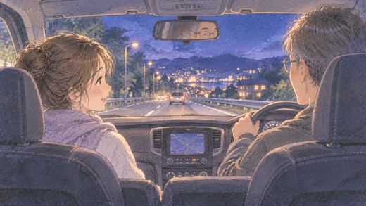 夜の車に親戚と一緒に乗る女性