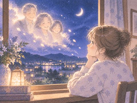 親戚を思いながら静かな窓辺に立つ女性
