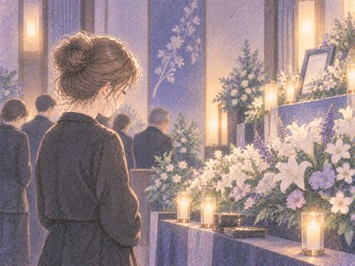 親戚の葬式で静かに花を見つめる女性