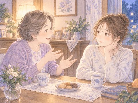 親戚のおばさんと向かい合って話す女性