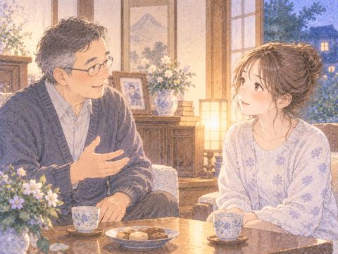 親戚のおじさんと話す女性