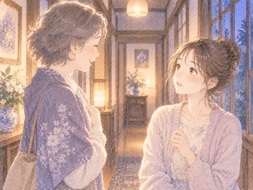 見知らぬ親戚と向き合う女性