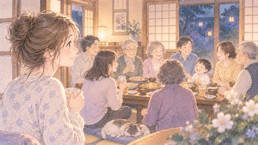 大勢の親戚が集まる部屋にいる女性