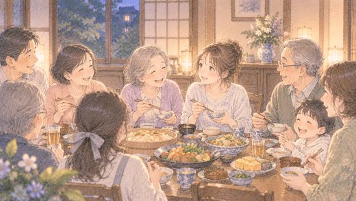 親戚たちが食卓を囲んで食事する様子
