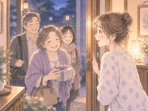 自宅の玄関で親戚を迎える女性