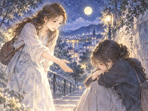 夜道で友達へ手を差し伸べる人物